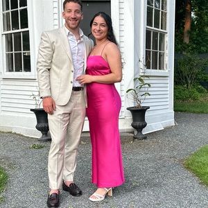 Satin cowl slip back midi dress